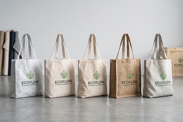 Multiple tote bags made of different fabrics displayed side-by-side to compare their visual material textures