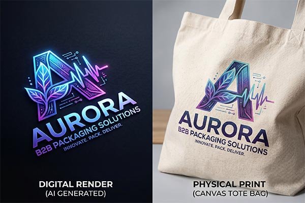 A comparison between an AI-generated glowing digital logo and its actual physical print result on a canvas bag