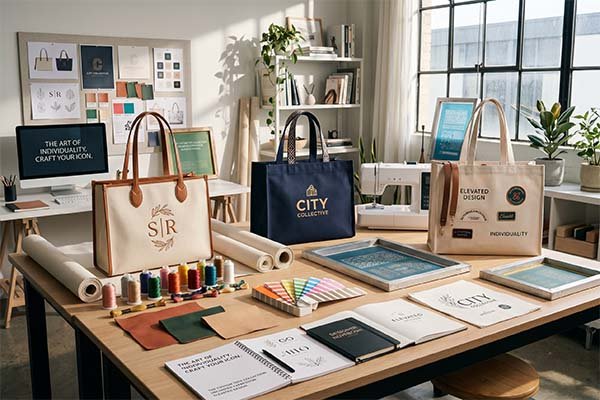 Bag Printing Options - A commercial design studio scene showcasing brand extension solutions for custom canvas bags, featuring silk screen printing frames, color swatches, fabric samples, and finished tote bags with various logo printing effects.