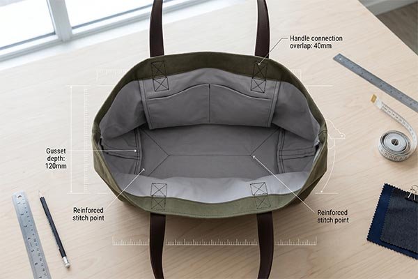 Interior view of a tote bag with annotations for structural dimensions and reinforced stitching points