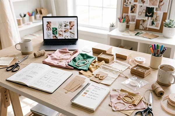 Custom jewelry bag design and packaging materials workspace