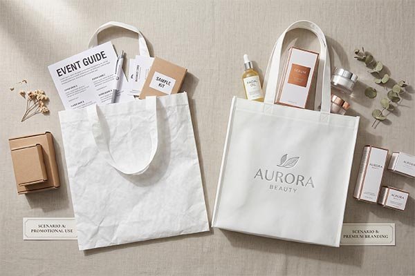Two Tyvek tote bags side-by-side illustrating different use cases: a lightweight white bag packed with promotional event materials on the left, and a structured white bag filled with premium beauty products on the right.