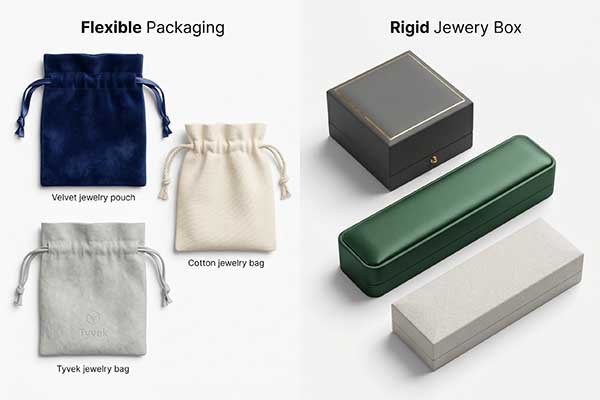 A visual comparison between flexible jewelry bags made of velvet, cotton, and Tyvek, and rigid jewelry boxes