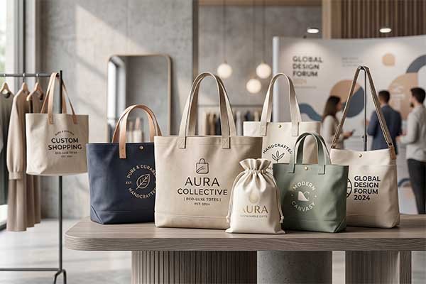 Custom Bag Costs - Multiple premium custom canvas bags displayed in a global design forum showroom, illustrating material variables that impact procurement costs, such as different sizes, bag structures, and leather handles.