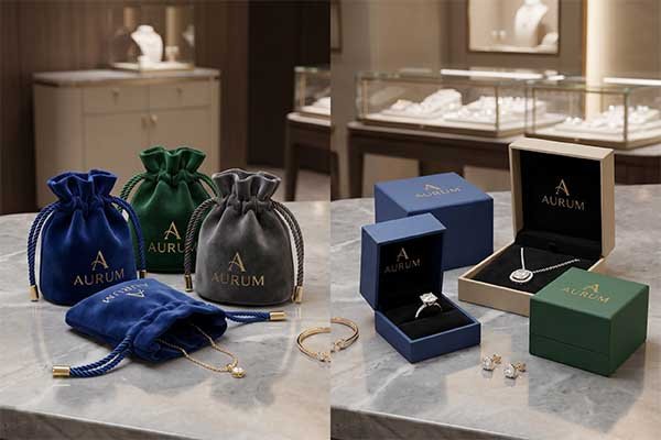 Different styles of Aurum branded jewelry packaging, featuring colorful velvet pouches and rigid boxes on a marble counter