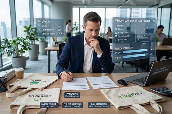 Evaluate Quotes - A procurement manager comparing custom canvas bag supplier quotes and physical samples in a corporate supply chain management environment, featuring a data visualization evaluation system for fabric weight, printing methods, and quality scores.