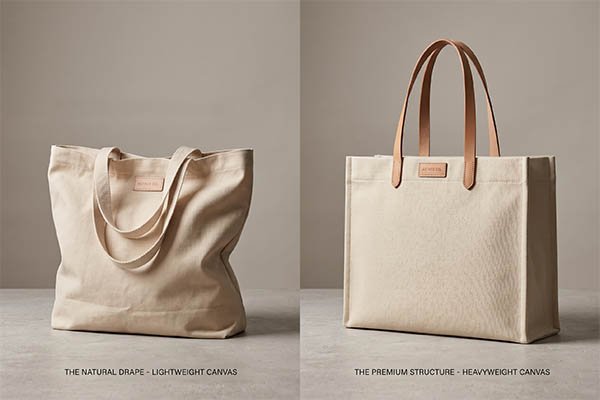 Fabric Weight Comparison - A comparison of the visual impact of different fabric weights on canvas bags, with a lightweight canvas showing a natural drape on the left, and a heavyweight canvas bag exhibiting a structured and premium commercial texture on the right.