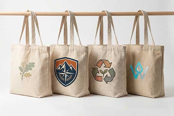 Hidden Pricing Factors - Four hanging custom tote bags analyzing the material factors that influence product pricing through the texture and logo printing differences of lightweight cotton canvas, heavyweight canvas, recycled cotton canvas, and waterproof canvas.