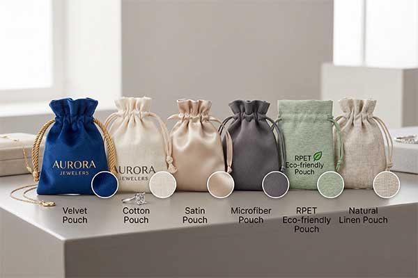 Popular jewelry pouch materials including velvet, cotton, and satin