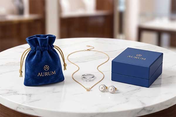 A comparison of a blue Aurum velvet jewelry bag and a rigid box displayed with a jewelry set on a marble table