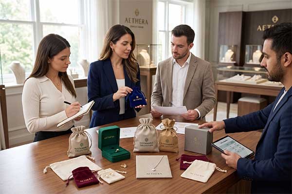 Staff selecting from various jewelry packaging options, including pouches and boxes, in a store setting