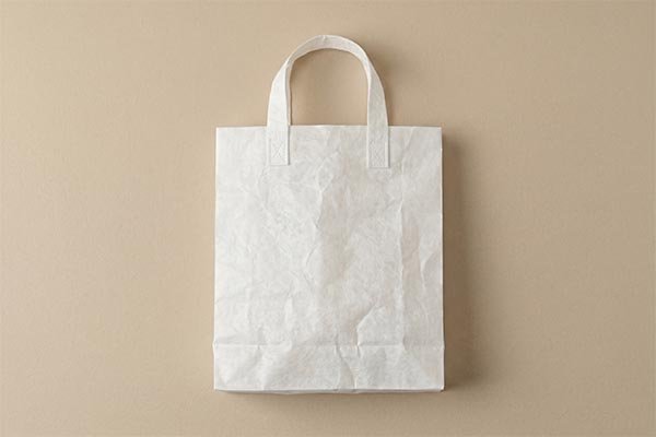 A white single-layer Tyvek tote bag laid flat against a neutral beige background, clearly displaying its characteristic crinkled, paper-like texture.