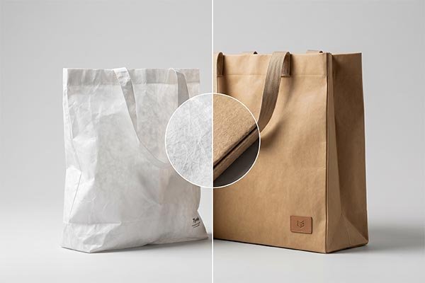 A split-screen visual comparing a white Tyvek bag and a brown Tyvek bag, featuring a central magnified circular insert that highlights the differences in material thickness and edge texture.