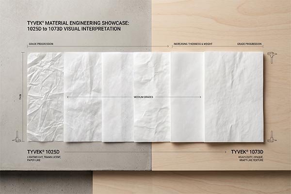 Visual interpretation of Tyvek material grades showing a progression from thin, lightweight, and translucent 1025D on the left to heavy-duty, opaque, and kraft-like 1073D on the right.