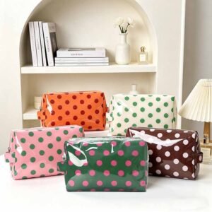 Wholesale Custom Polka Dot PVC Makeup Bags with Fabric Lining