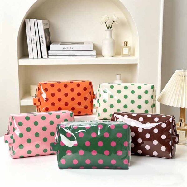 Wholesale Custom Polka Dot PVC Makeup Bags with Fabric Lining