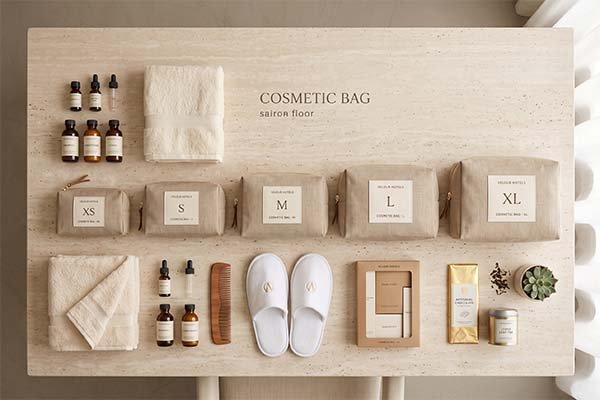 Multi-Size Hotel Cosmetic Bag Matrix displaying sizes XS through XL arranged flat-lay with room amenities.