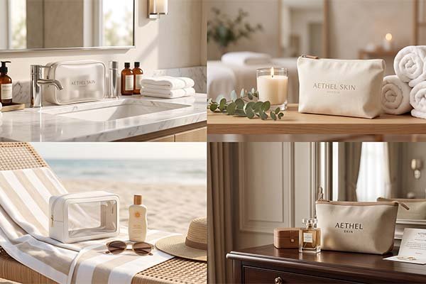 Sustainable Toiletry Bag showcased across four diverse luxury hotel and resort settings.