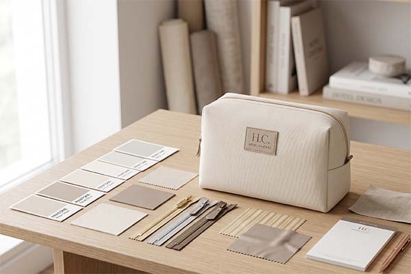 Quiet Luxury Custom Hotel Pouch design setup featuring Pantone color cards, fabric swatches, and metal zipper hardware.