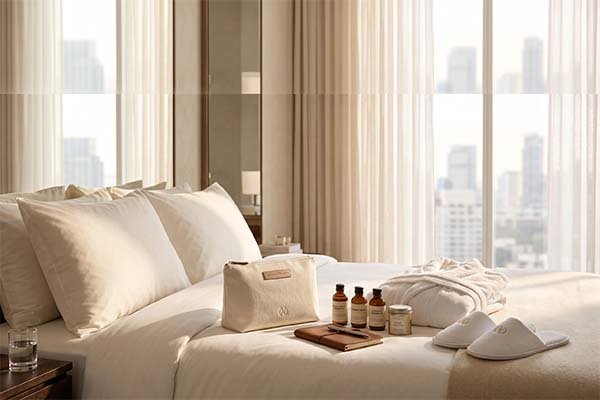 Tyvek Premium Hotel Spa Pouch arranged on a bed alongside a plush white bathrobe and skincare amenities.