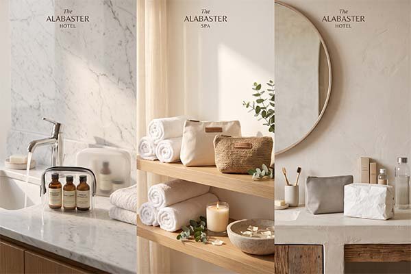 Reusable Tyvek and Sustainable Hotel Spa Bags featuring clear, woven, and crinkled Tyvek pouch designs on vanity counters.