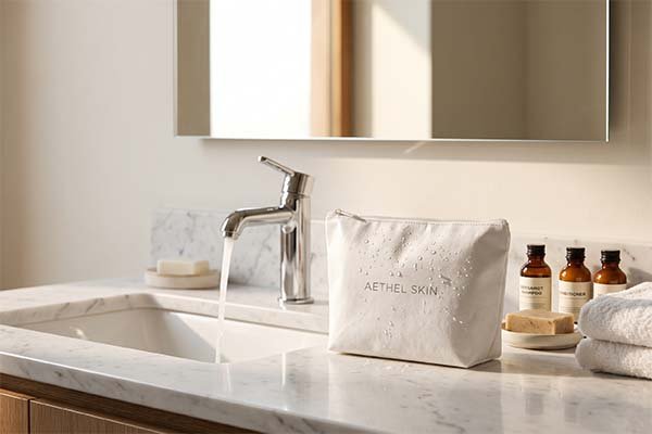 Waterproof Hotel Amenity Cosmetic Bag repelling water droplets on a marble bathroom vanity.