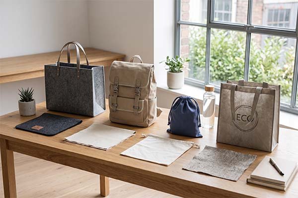 A tabletop display comparing different bags and materials, including a grey felt tote, a beige canvas backpack, a small drawstring bag, and various fabric swatches.
