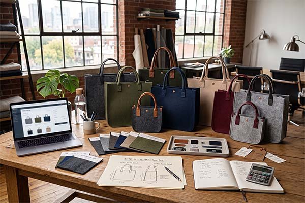 A variety of bulk custom felt tote bags in multiple colors and sizes displayed on a work table with design sketches and material samples.