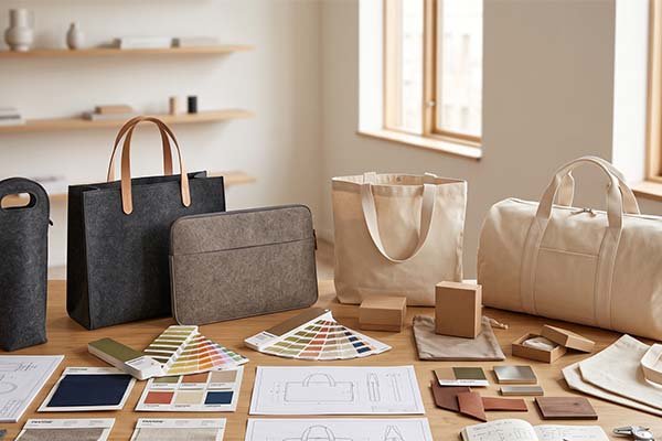 Choosing custom bag materials on a supplier's workbench, featuring felt bags, canvas bags, color swatches, and design sketches
