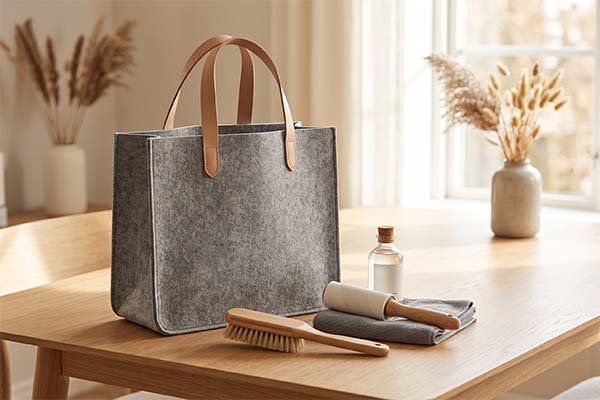Grey felt tote bag on a table surrounded by cleaning supplies including a lint roller, a wooden brush, a cloth, and a small bottle.