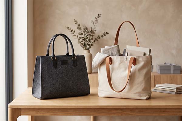 Custom dark grey felt tote bag and natural canvas tote bag side by side on a wooden table