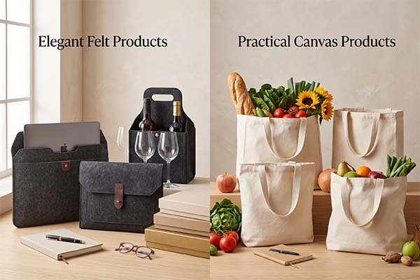 Custom bag projects comparison: elegant felt laptop and wine bags vs practical canvas everyday grocery bags