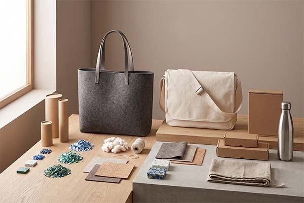 Felt tote bag and canvas messenger bag displayed alongside eco-friendly raw materials like cork, cotton, and glass materials for testing