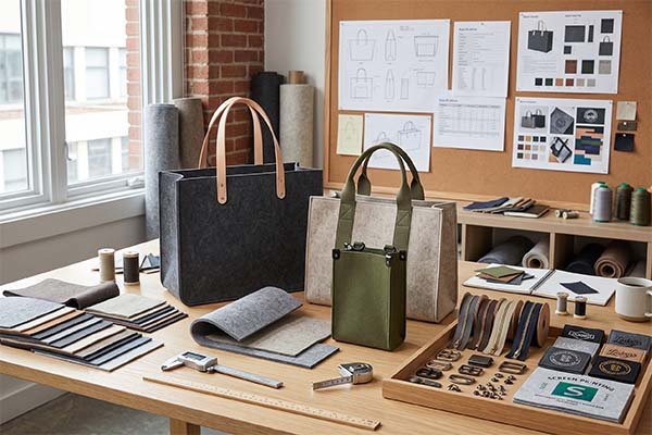 Work table showcasing materials like felt, leather, zippers, thread, and measuring tools that influence the cost of custom felt bag production.