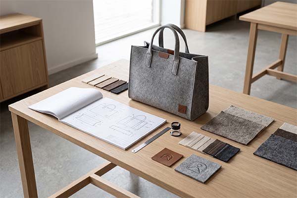 Felt tote bag on a design table alongside an open sketchbook with blueprints, a ruler, a magnifying glass, and various fabric and leather swatches.