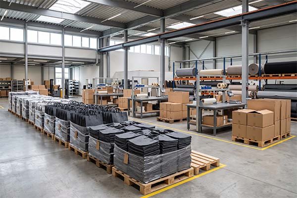 A factory warehouse interior showing rows of large stacked pallets holding many identical grey felt tote bags, representing high order volume.