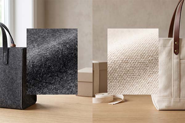 Close-up comparison of dark grey felt and natural canvas material textures