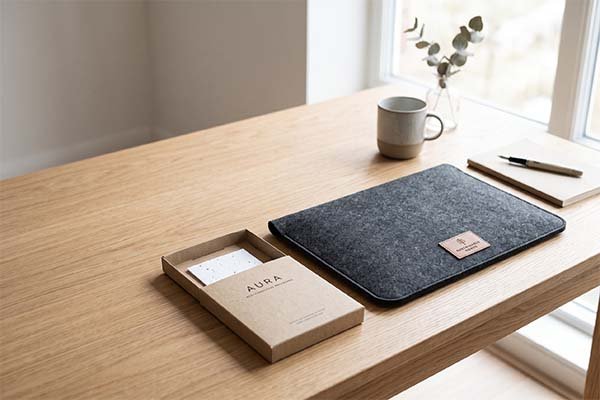 Grey felt laptop sleeve on a wooden desk next to a cardboard box of eco-conscious packaging, a mug, and a notebook.