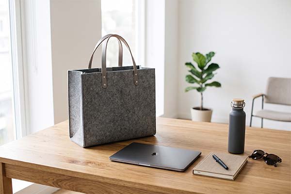 Grey felt tote bag with leather handles on a wooden desk next to a laptop, water bottle, notebook, and sunglasses.