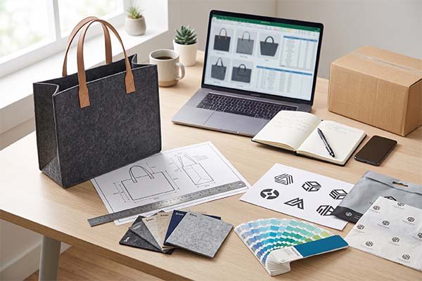 Modern desk setup with a felt bag, laptop showing designs, Pantone color guides, and logo swatches, all necessary to request a custom bag quote.