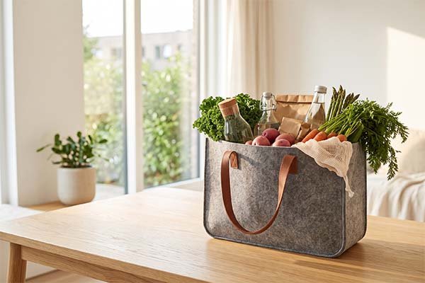 A tabletop display comparing different bags and materials, including a grey felt tote, a beige canvas backpack, a small drawstring bag, and various fabric swatches.