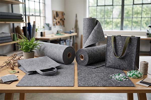 Rolls of grey felt fabric next to a finished felt tote bag and a container of recycled plastic granules, illustrating RPET and traditional polyester felt.
