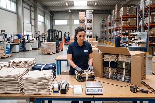 Logistics worker performing bag packaging optimization by carefully packing neatly folded canvas bags into a shipping carton.