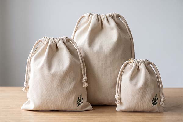Three natural canvas drawstring bags in different sizes (small, medium, and large) displaying a canvas bag size system on a wooden surface.