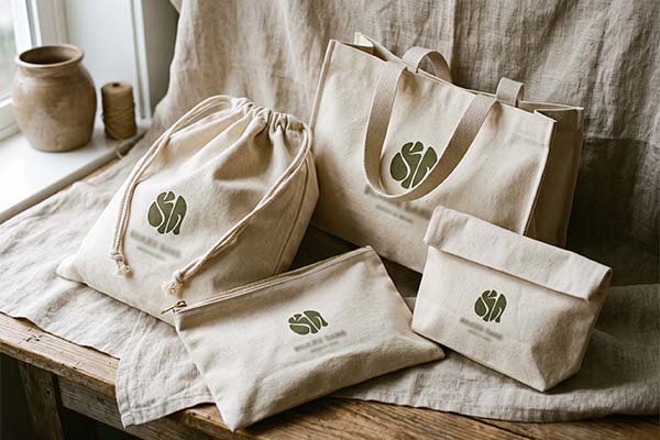 A matching canvas packaging family consisting of a tote bag, drawstring bag, and zipper pouches, all featuring a custom green logo.