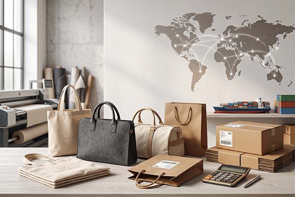 Custom bag shipping cost calculation concept showing various eco-friendly bags, packaging boxes, a calculator, and a world map with logistics routes.