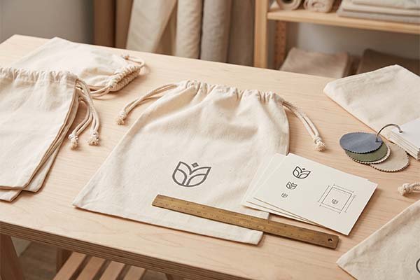 Custom printed minimalist logo on a natural canvas dust bag, shown with logo dimension blueprints, a brass ruler, and material color swatches for commercial branding reference.