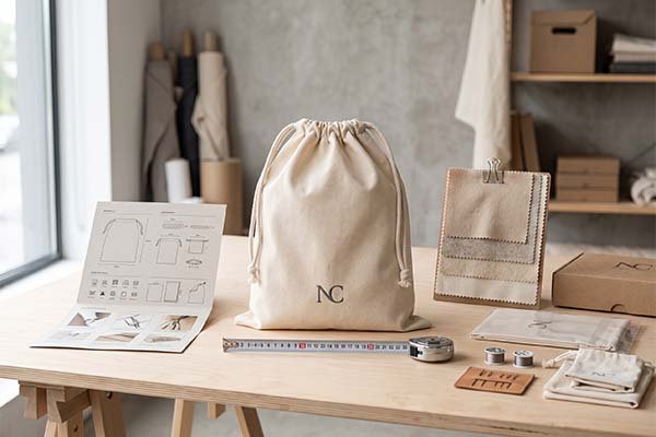 Custom natural canvas drawstring dust bag displayed on a wooden workstation alongside a detailed manufacturing specification sheet, measuring tape, sewing thread, and neutral fabric swatches.