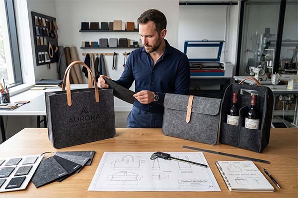 A designer in a workshop inspecting felt materials at a table covered with custom bags, material swatches, calipers, and technical blueprints for OEM bag manufacturing.