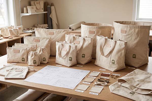 A custom packaging specification sheet on a work table, surrounded by canvas bag prototypes, fabric swatches, and metal hardware.